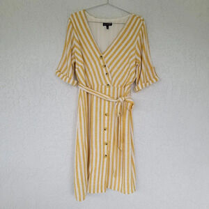 Luxology Style Y7281D66Striped Midi Dress Womens Size Large Yellow Linen Blend